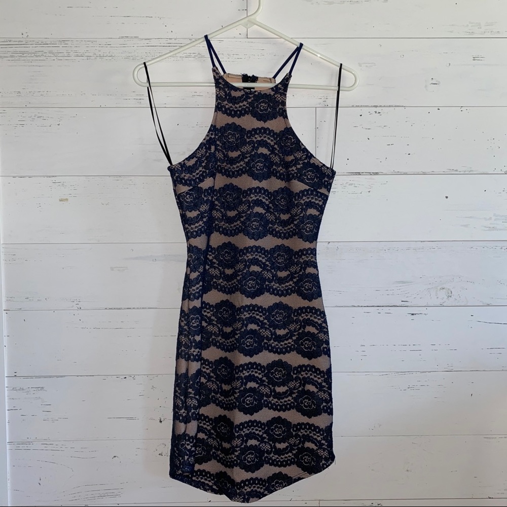 Navy Lace Overlay Nude Dress Size S